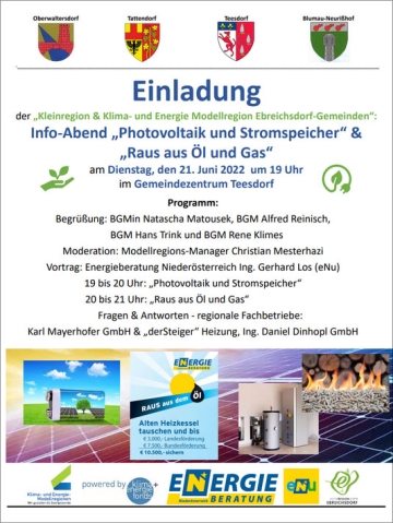 Juni 2022: Einladung zum Info-Abend „Photovoltaik und Stromspeicher“ &amp; „Raus aus Öl und Gas“ in Teesdorf
