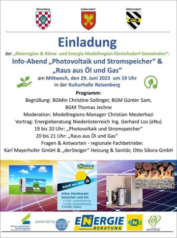 Juni 2022: Einladung zum Info-Abend „Photovoltaik und Stromspeicher“ &amp; „Raus aus Öl und Gas“ in Reisenberg